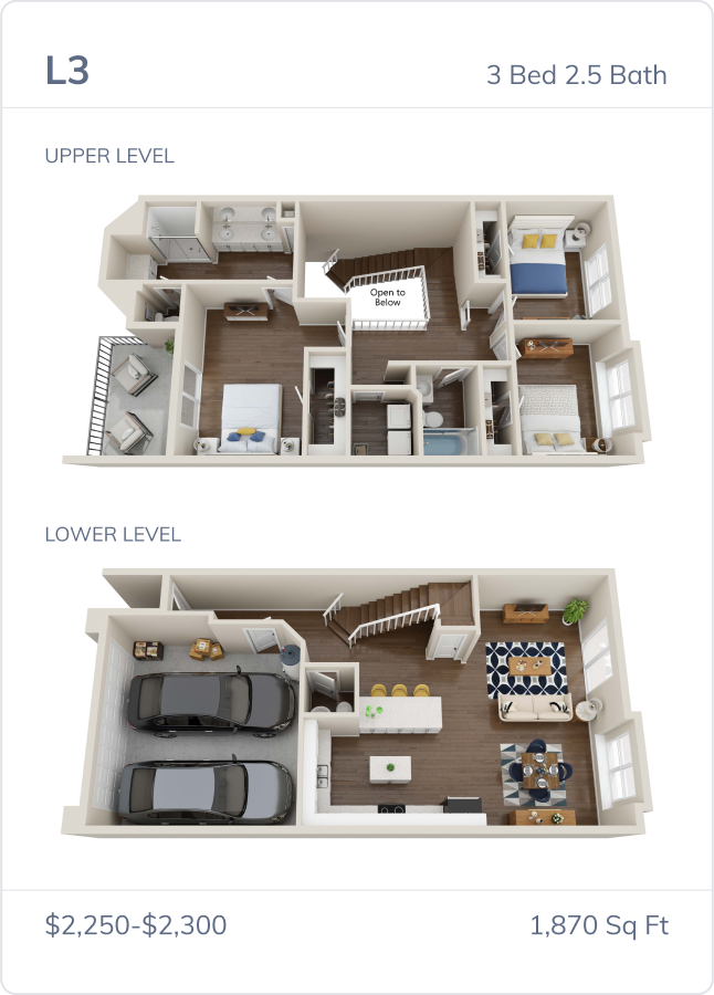 Floorplan L3, 3 beds 2.5 baths, $2,250-$2,300, 1,870 square feet